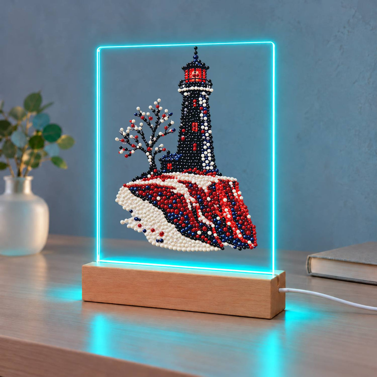 Black Lighthouse on Red Cliffs (Light-Up Pearl Painting)