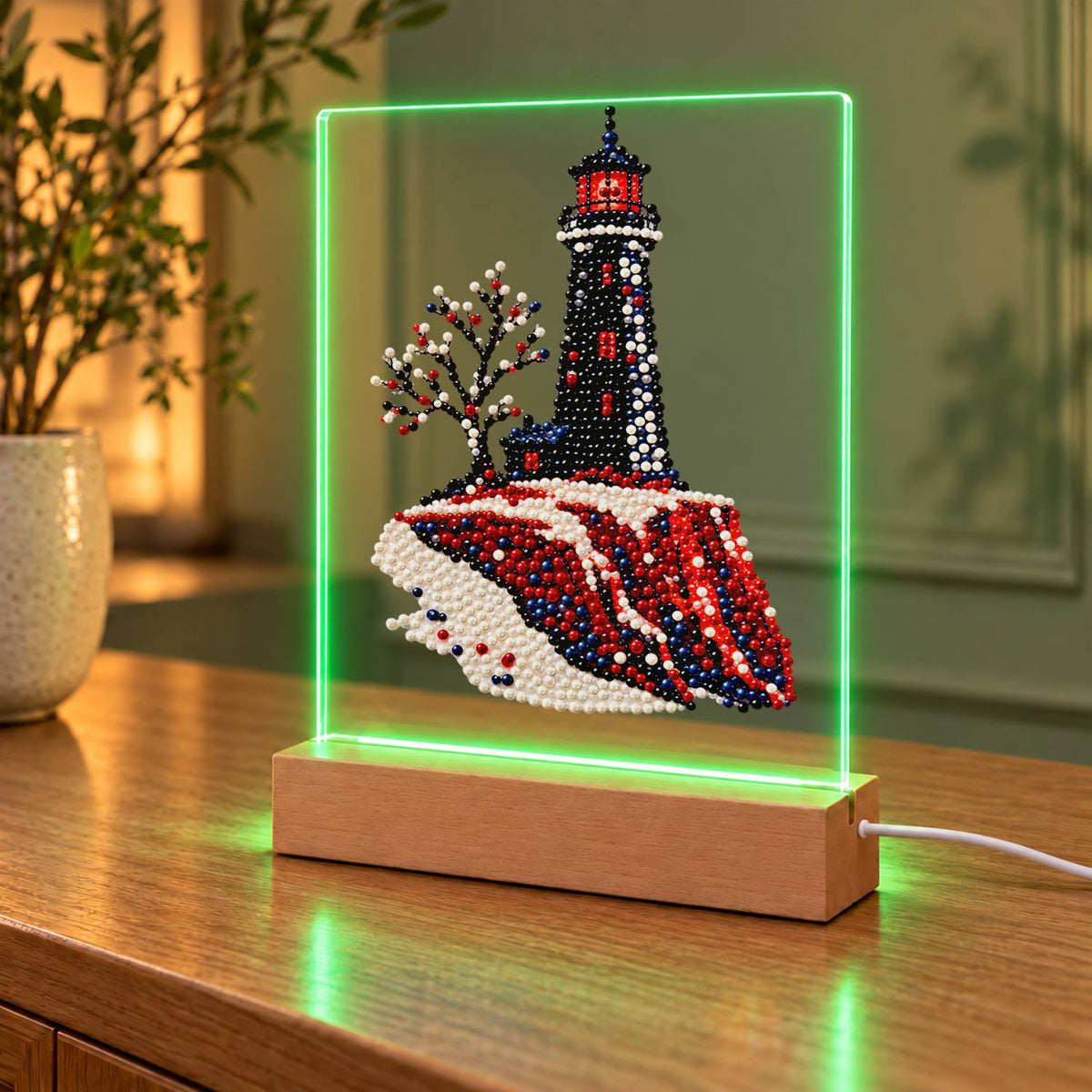 Black Lighthouse on Red Cliffs (Light-Up Pearl Painting)