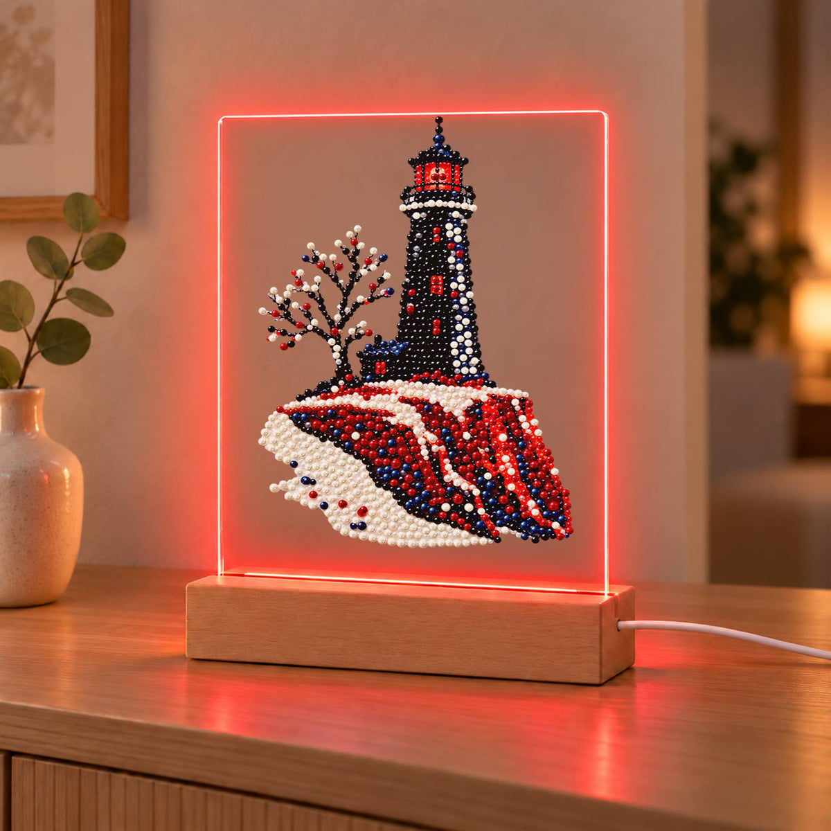 Black Lighthouse on Red Cliffs (Light-Up Pearl Painting)