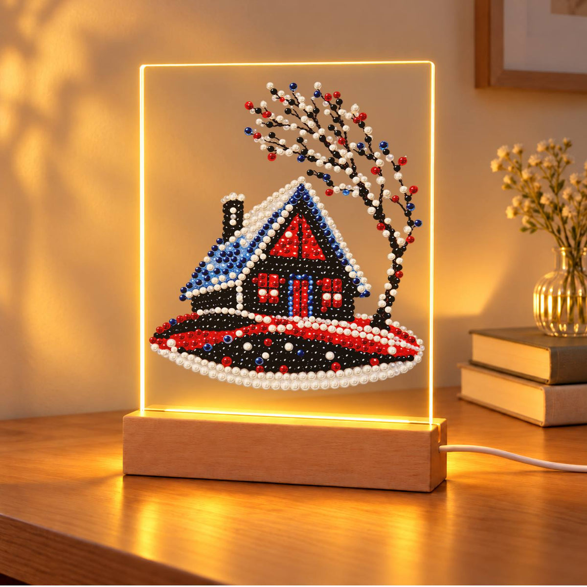 Red Cabin on a Snowy Hill (Light-Up Pearl Painting)