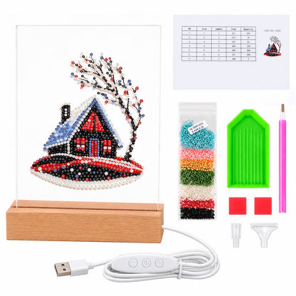 Red Cabin on a Snowy Hill (Light-Up Pearl Painting)