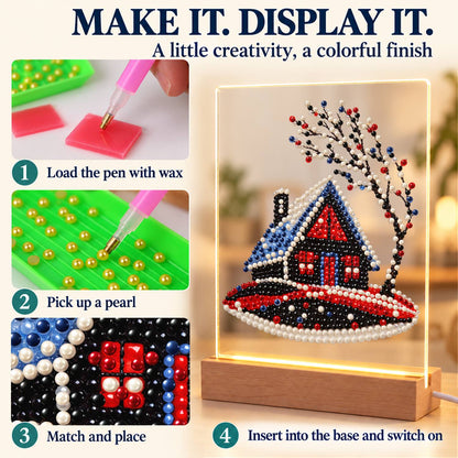 Red Cabin on a Snowy Hill (Light-Up Pearl Painting)