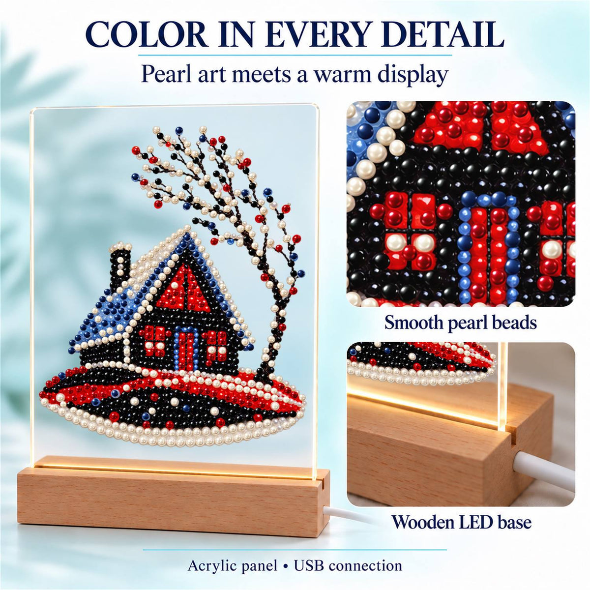 Red Cabin on a Snowy Hill (Light-Up Pearl Painting)