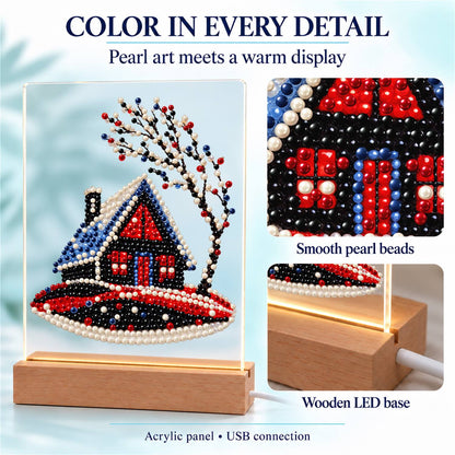 Red Cabin on a Snowy Hill (Light-Up Pearl Painting)