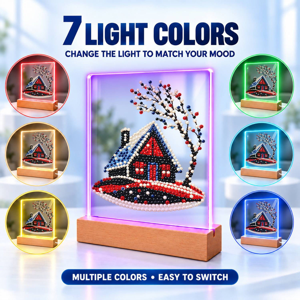 Red Cabin on a Snowy Hill (Light-Up Pearl Painting)