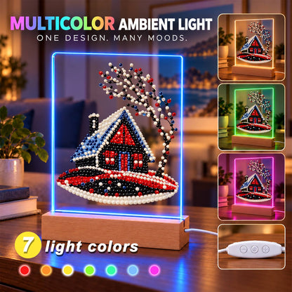 Red Cabin on a Snowy Hill (Light-Up Pearl Painting)