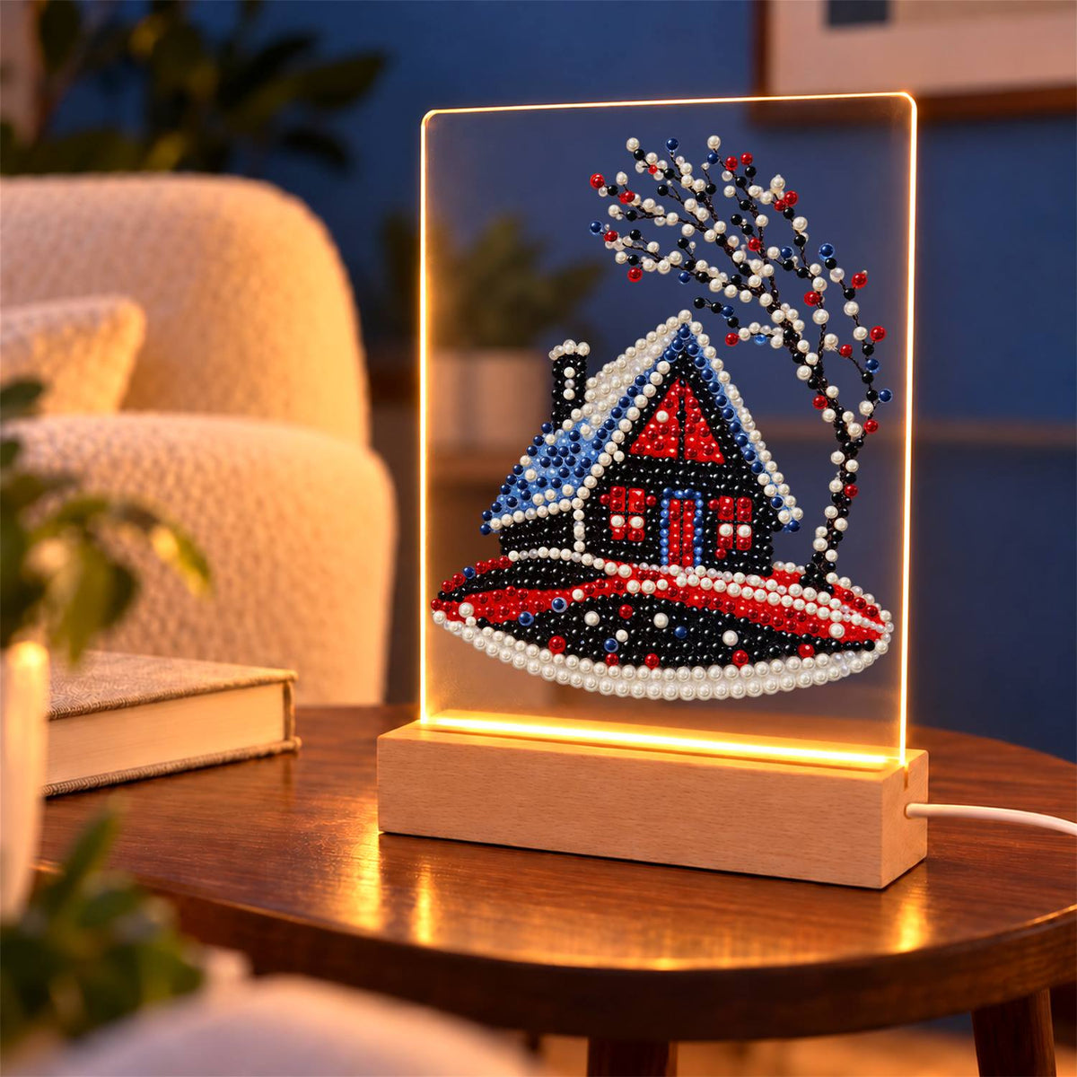 Red Cabin on a Snowy Hill (Light-Up Pearl Painting)