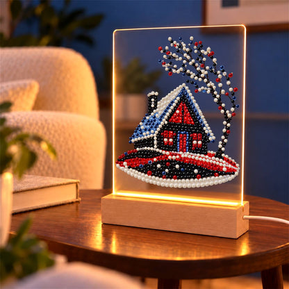 Red Cabin on a Snowy Hill (Light-Up Pearl Painting)