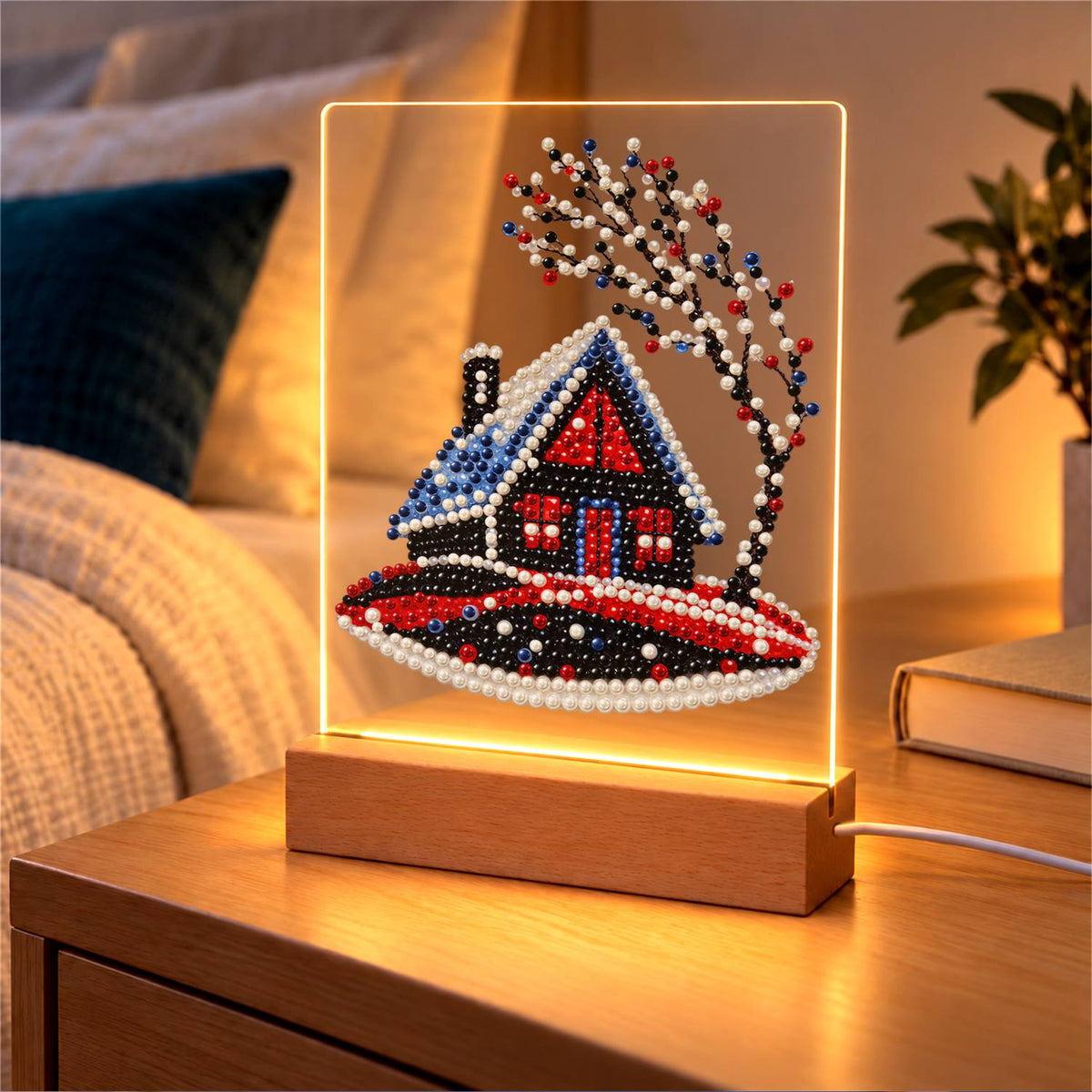 Red Cabin on a Snowy Hill (Light-Up Pearl Painting)
