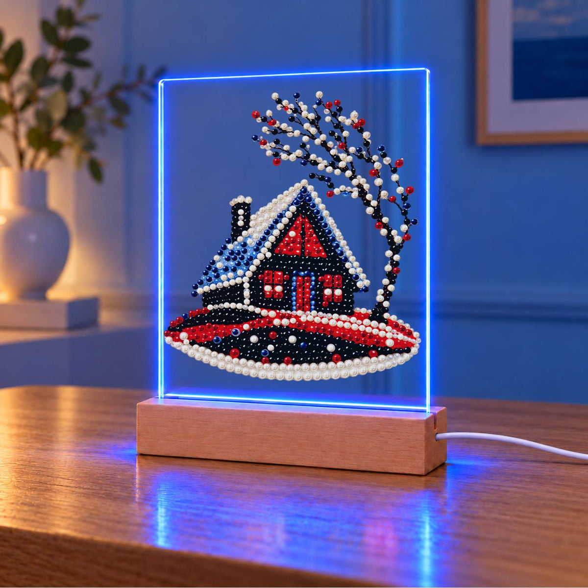 Red Cabin on a Snowy Hill (Light-Up Pearl Painting)