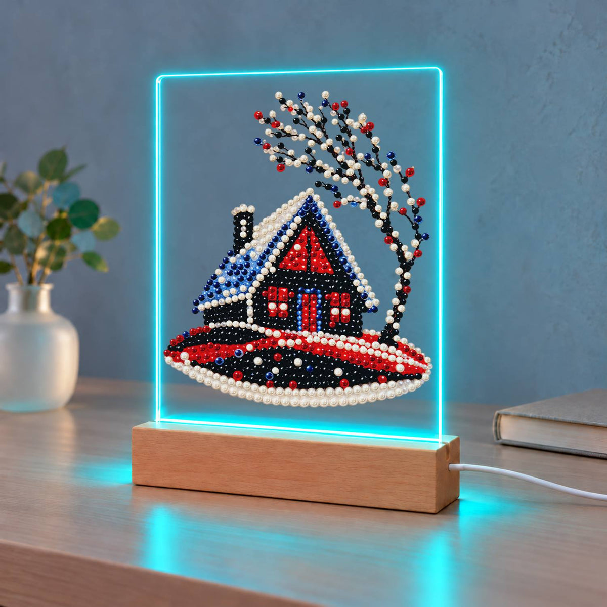 Red Cabin on a Snowy Hill (Light-Up Pearl Painting)