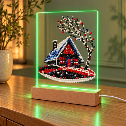 Red Cabin on a Snowy Hill (Light-Up Pearl Painting)