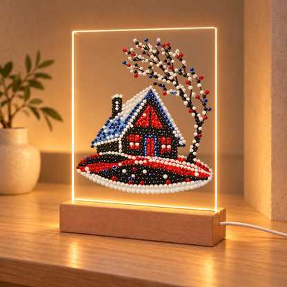 Red Cabin on a Snowy Hill (Light-Up Pearl Painting)