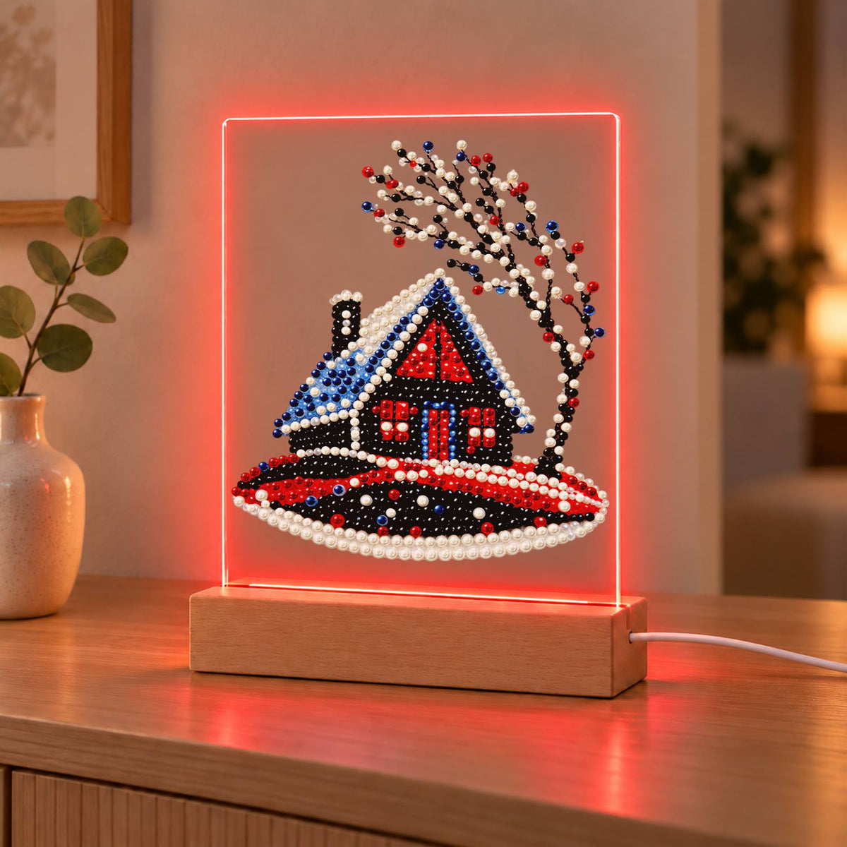 Red Cabin on a Snowy Hill (Light-Up Pearl Painting)
