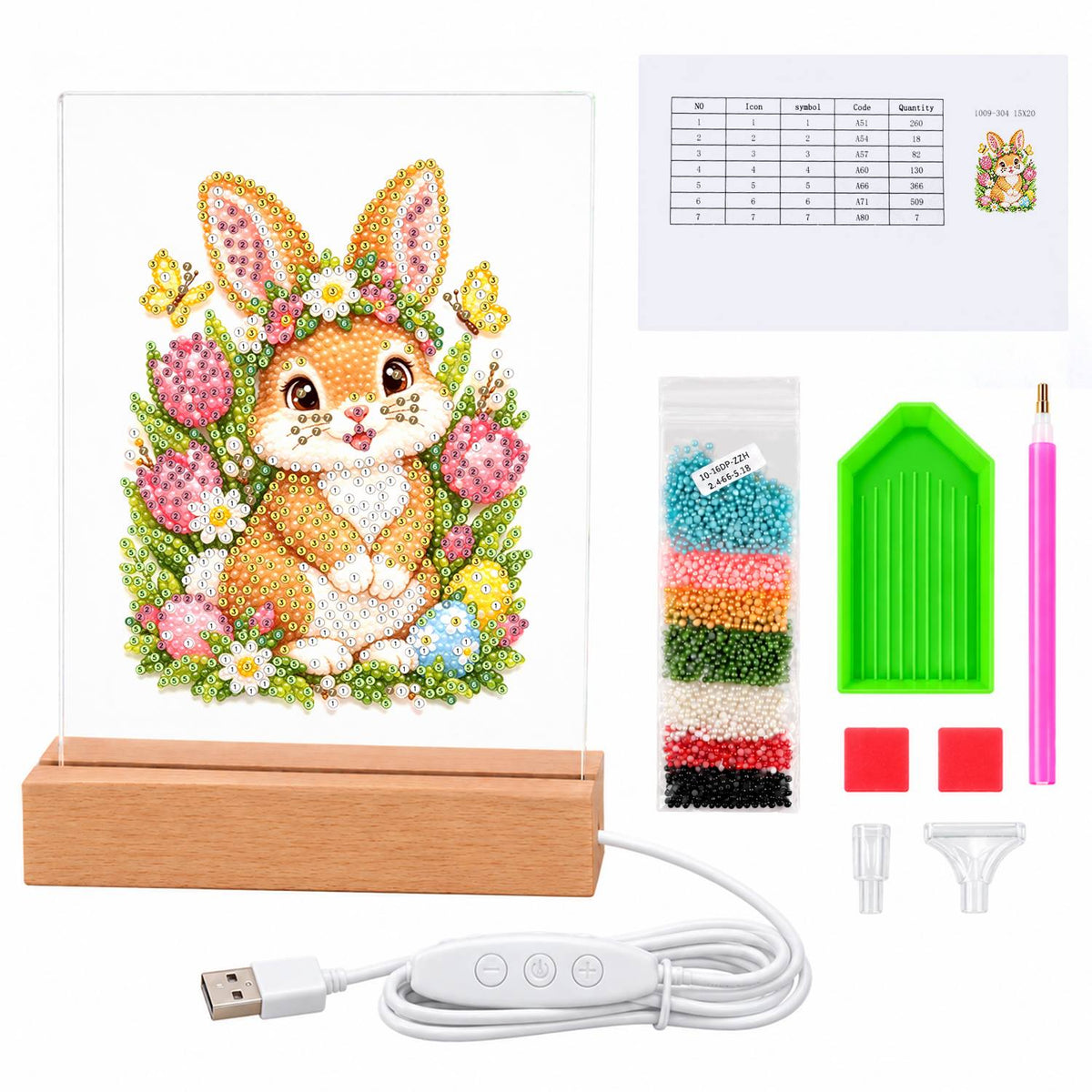 Flower-Crowned Bunny with Eggs (Light-Up Pearl Painting)