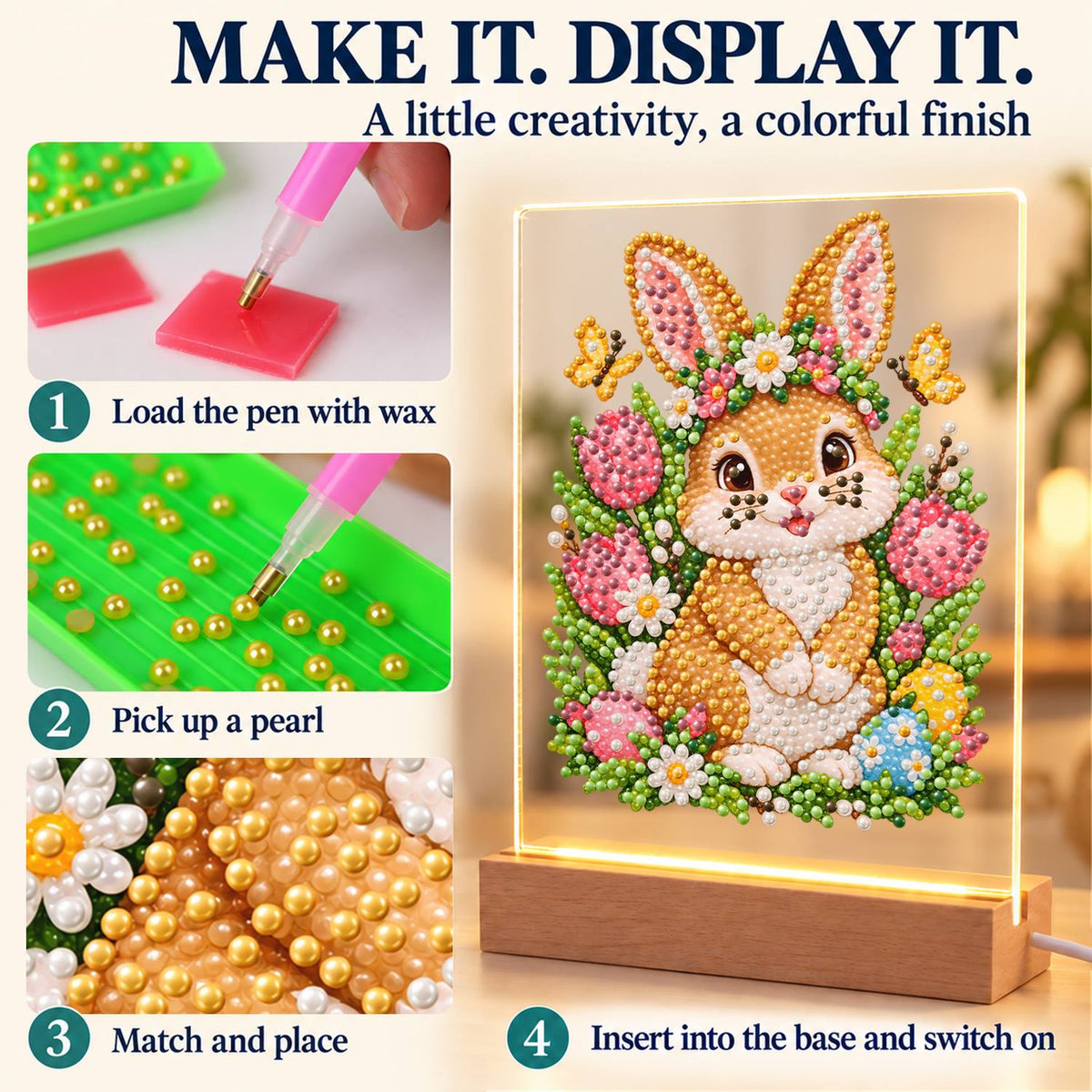 Flower-Crowned Bunny with Eggs (Light-Up Pearl Painting)
