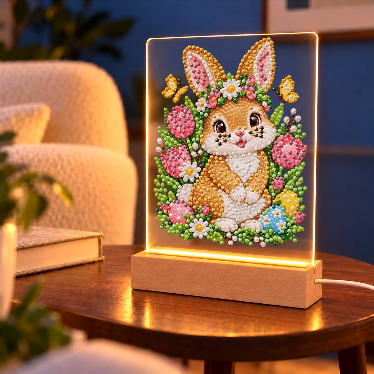 Flower-Crowned Bunny with Eggs (Light-Up Pearl Painting)