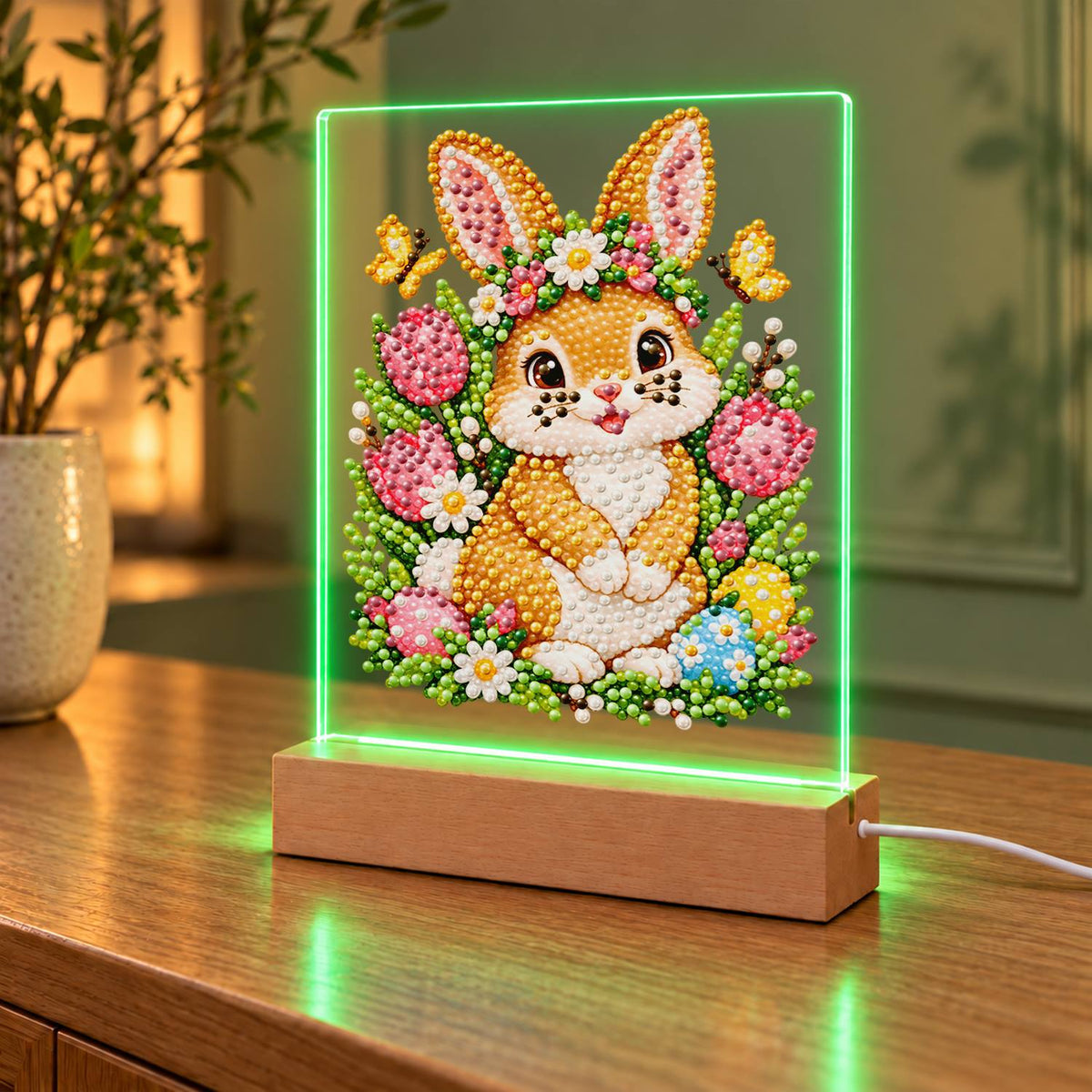 Flower-Crowned Bunny with Eggs (Light-Up Pearl Painting)