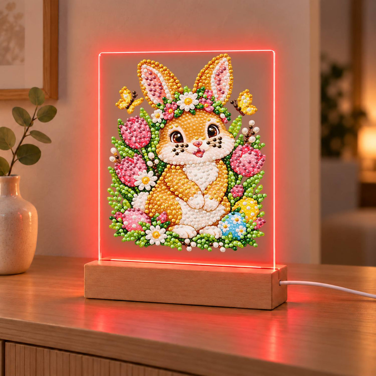 Flower-Crowned Bunny with Eggs (Light-Up Pearl Painting)