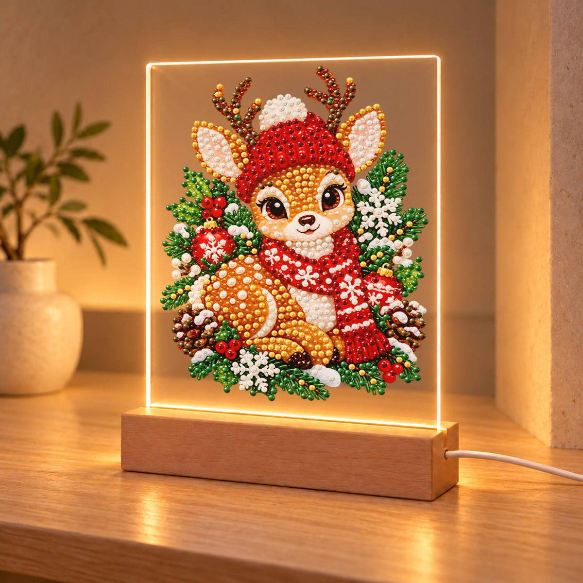 Fawn in a Red Nordic Scarf (Light-Up Pearl Painting)