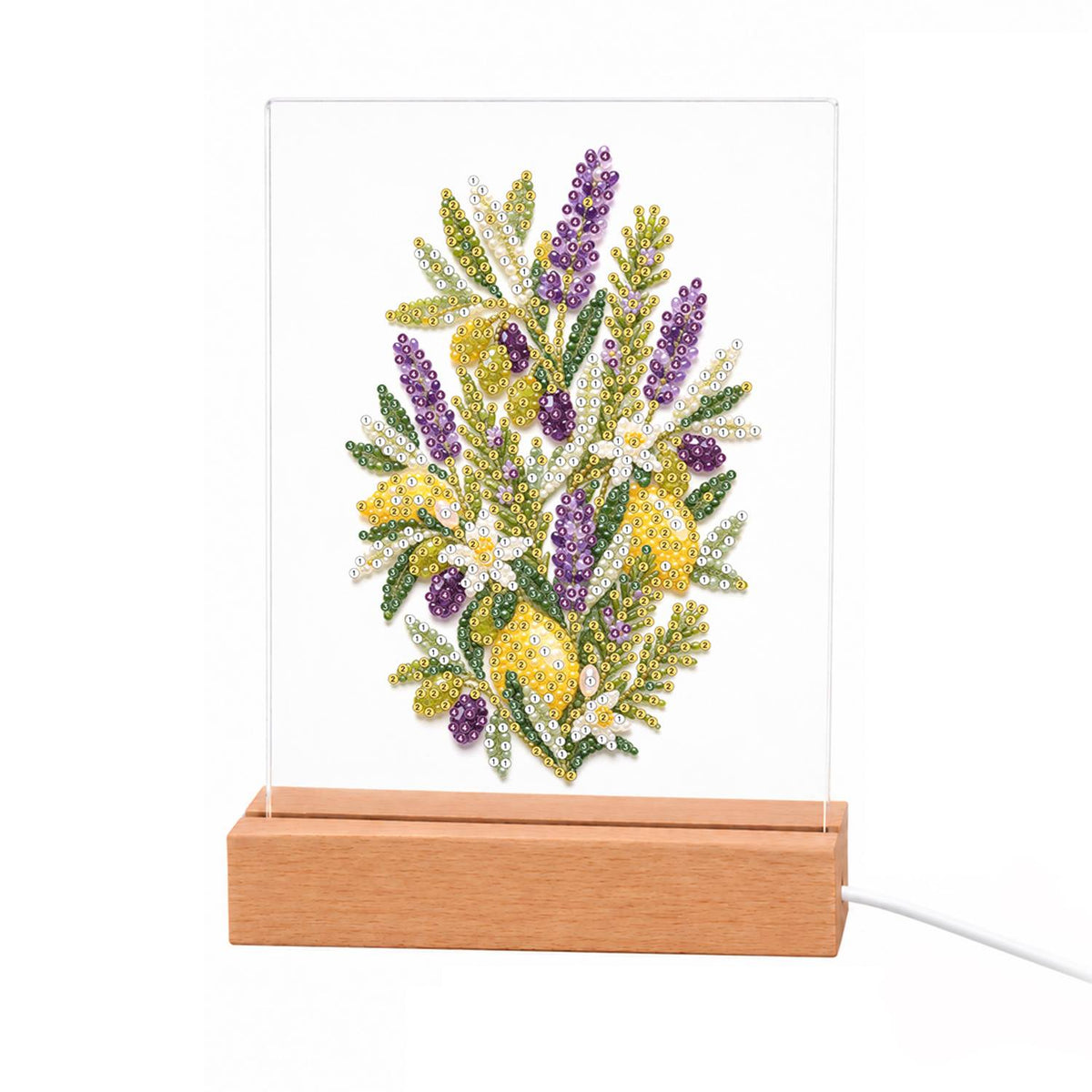 Lavender and Lemon Sprigs light-up pearl painting – Bouquet of purple lavender, yellow lemons, olive-green leaves and small white blossoms