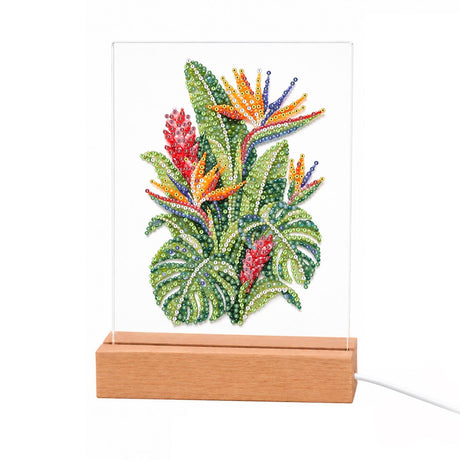Bird of Paradise and Monstera light-up pearl painting – Orange bird of paradise flowers and red ginger blooms over lush green monstera leaves