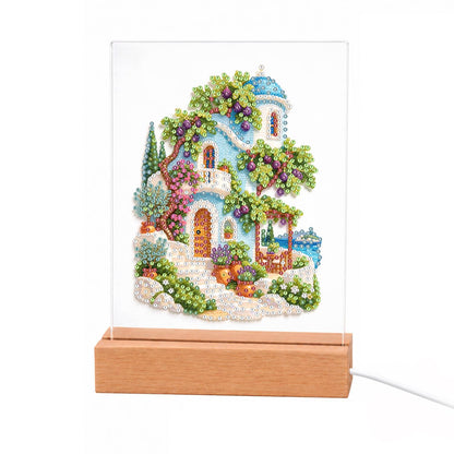 Blue-Domed Villa with Grapevines light-up pearl painting – White house with a blue dome, arched doors and grapevine-covered terrace, with potted plants and a cypress
