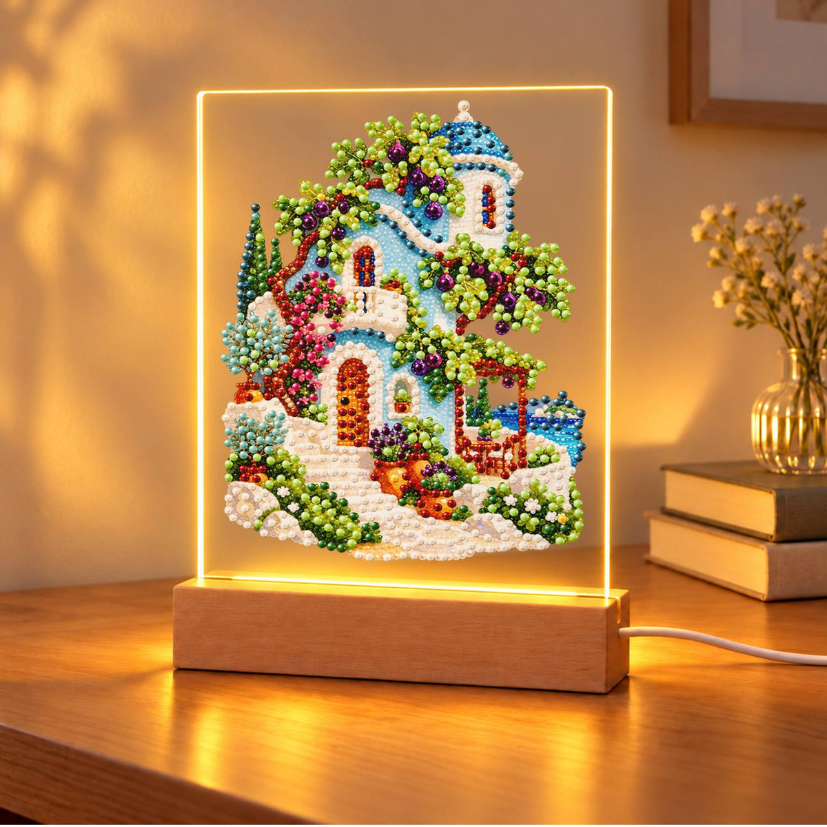 Blue-Domed Villa with Grapevines (Light-Up Pearl Painting)