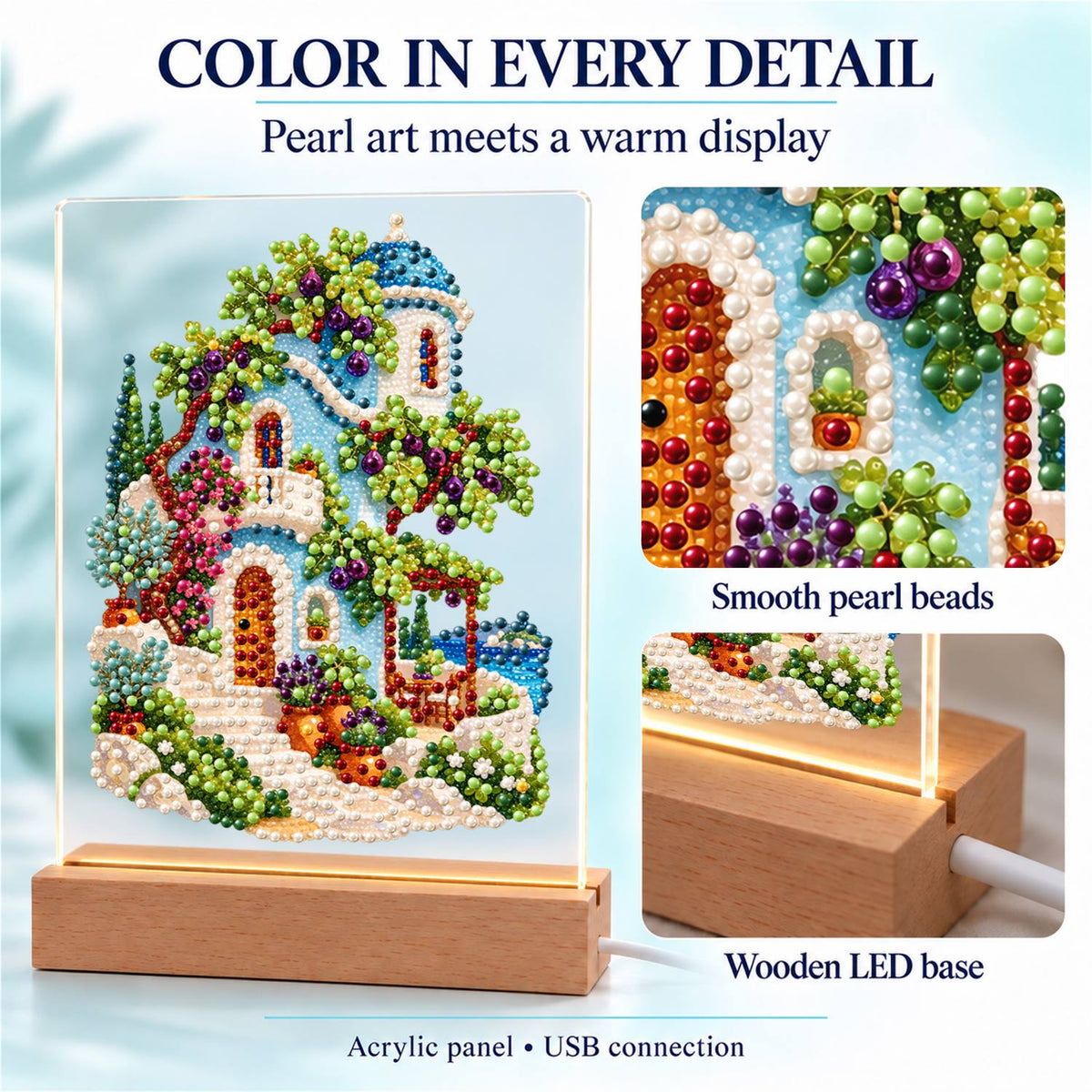 Blue-Domed Villa with Grapevines (Light-Up Pearl Painting)
