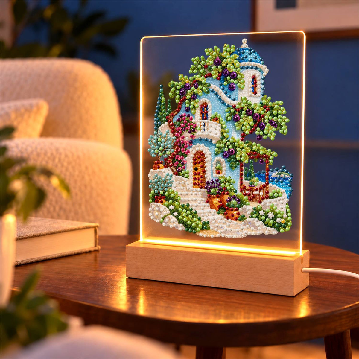 Blue-Domed Villa with Grapevines (Light-Up Pearl Painting)