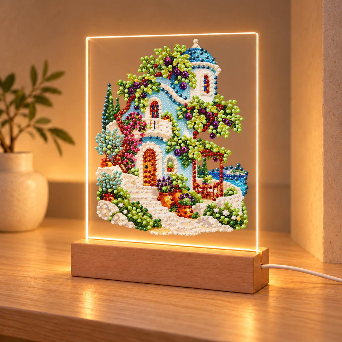 Blue-Domed Villa with Grapevines (Light-Up Pearl Painting)