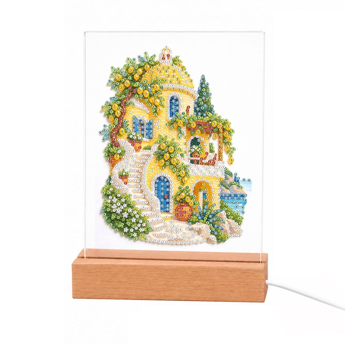 Lemon Grove Villa by the Sea light-up pearl painting – Yellow Mediterranean house with blue doors, white stairs and lemon trees, looking out to the sea