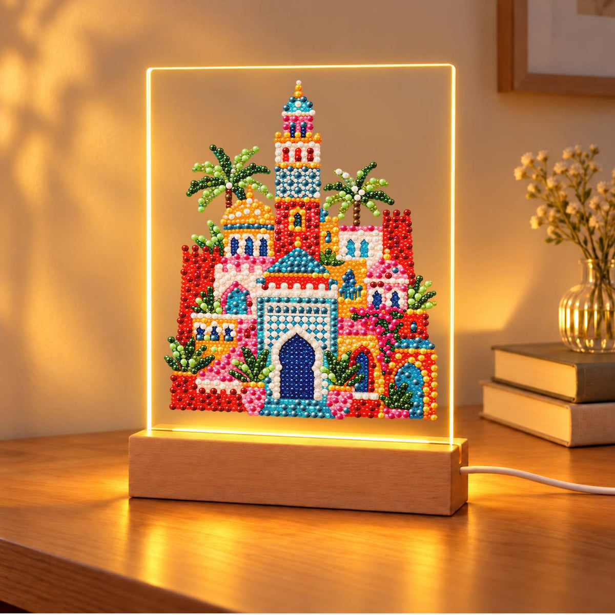 Moroccan Palace Under Palms (Light-Up Pearl Painting)