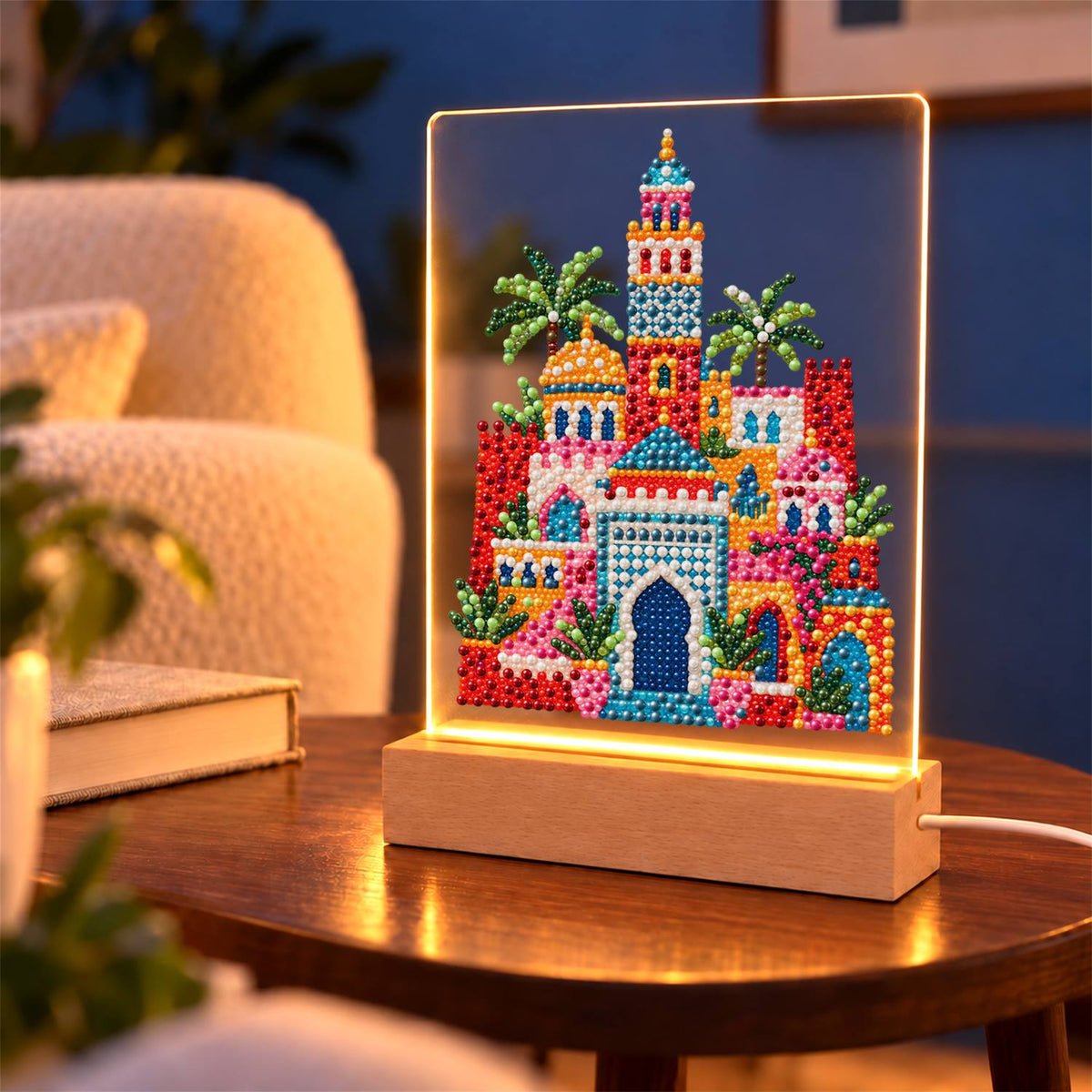 Moroccan Palace Under Palms (Light-Up Pearl Painting)