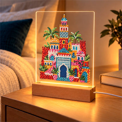 Moroccan Palace Under Palms (Light-Up Pearl Painting)