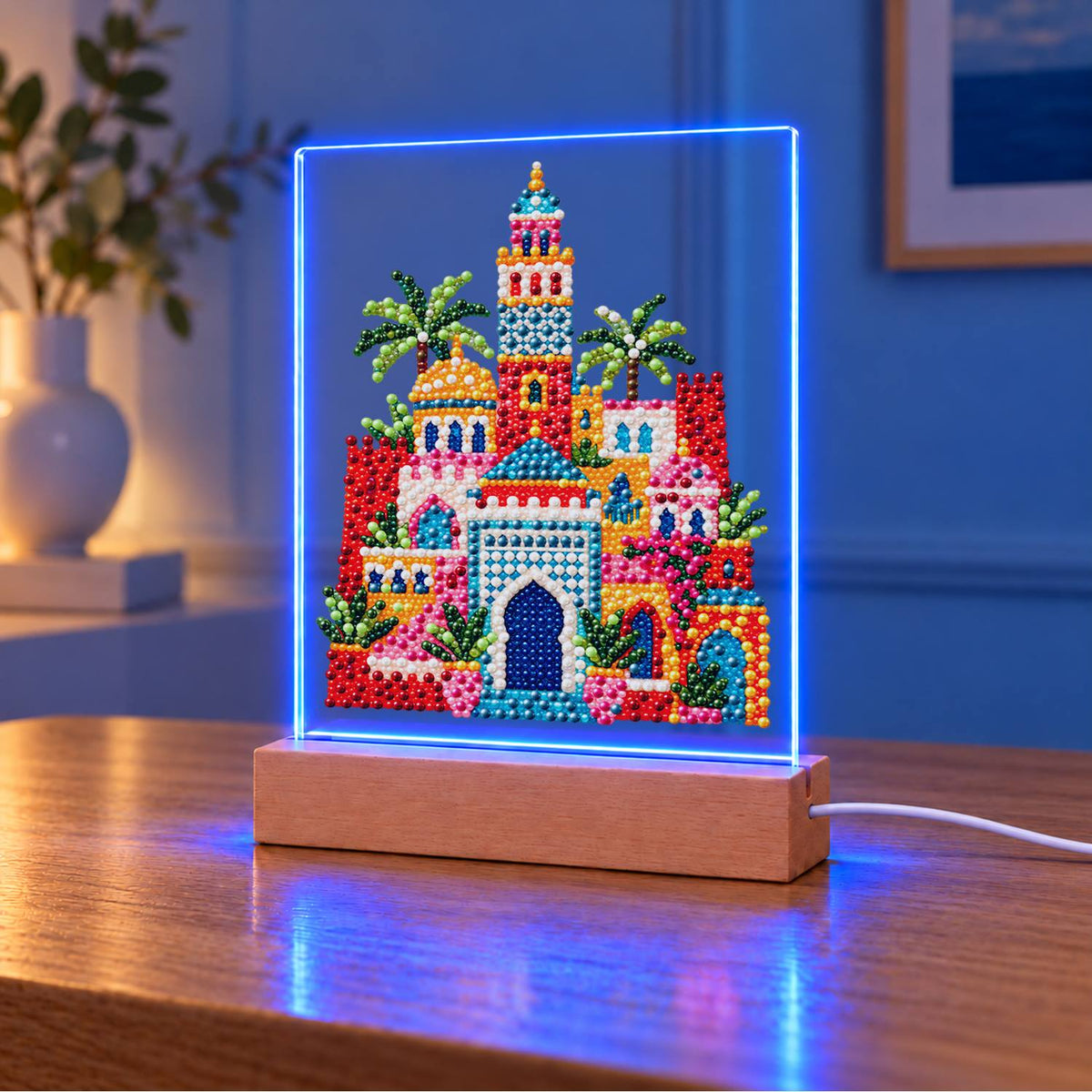 Moroccan Palace Under Palms (Light-Up Pearl Painting)