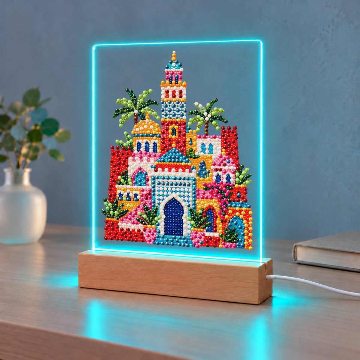 Moroccan Palace Under Palms (Light-Up Pearl Painting)