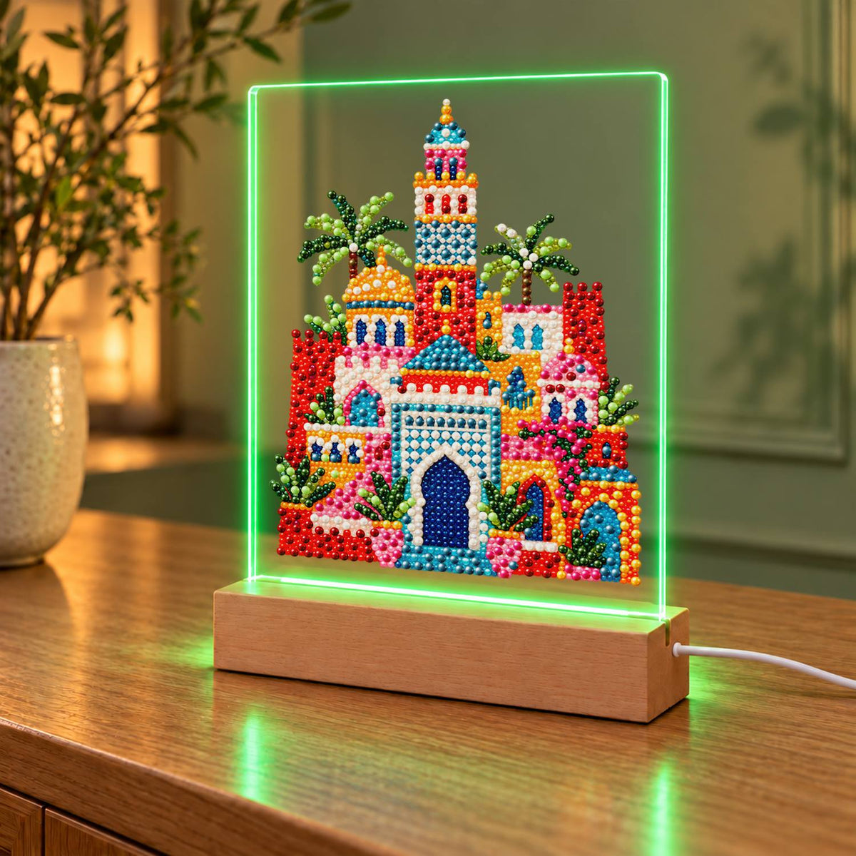 Moroccan Palace Under Palms (Light-Up Pearl Painting)