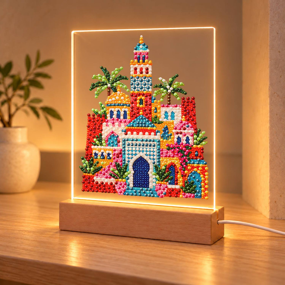 Moroccan Palace Under Palms (Light-Up Pearl Painting)