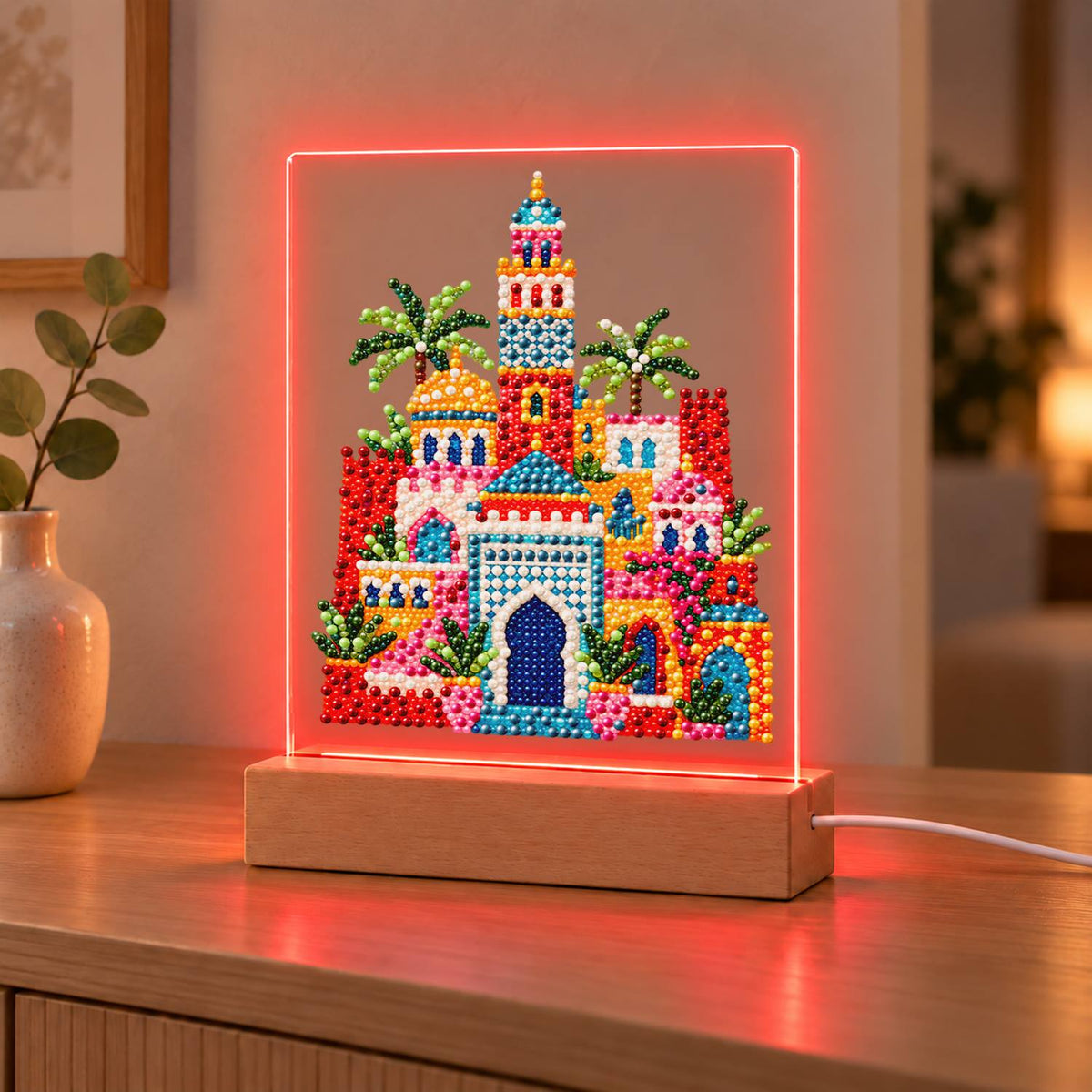Moroccan Palace Under Palms (Light-Up Pearl Painting)