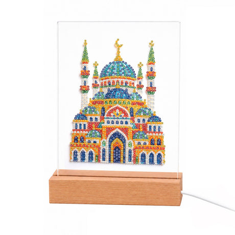 Jewel-Toned Mosque with Minarets light-up pearl painting – Grand mosque with turquoise domes, slender minarets and colorful arched facades topped by a golden crescent