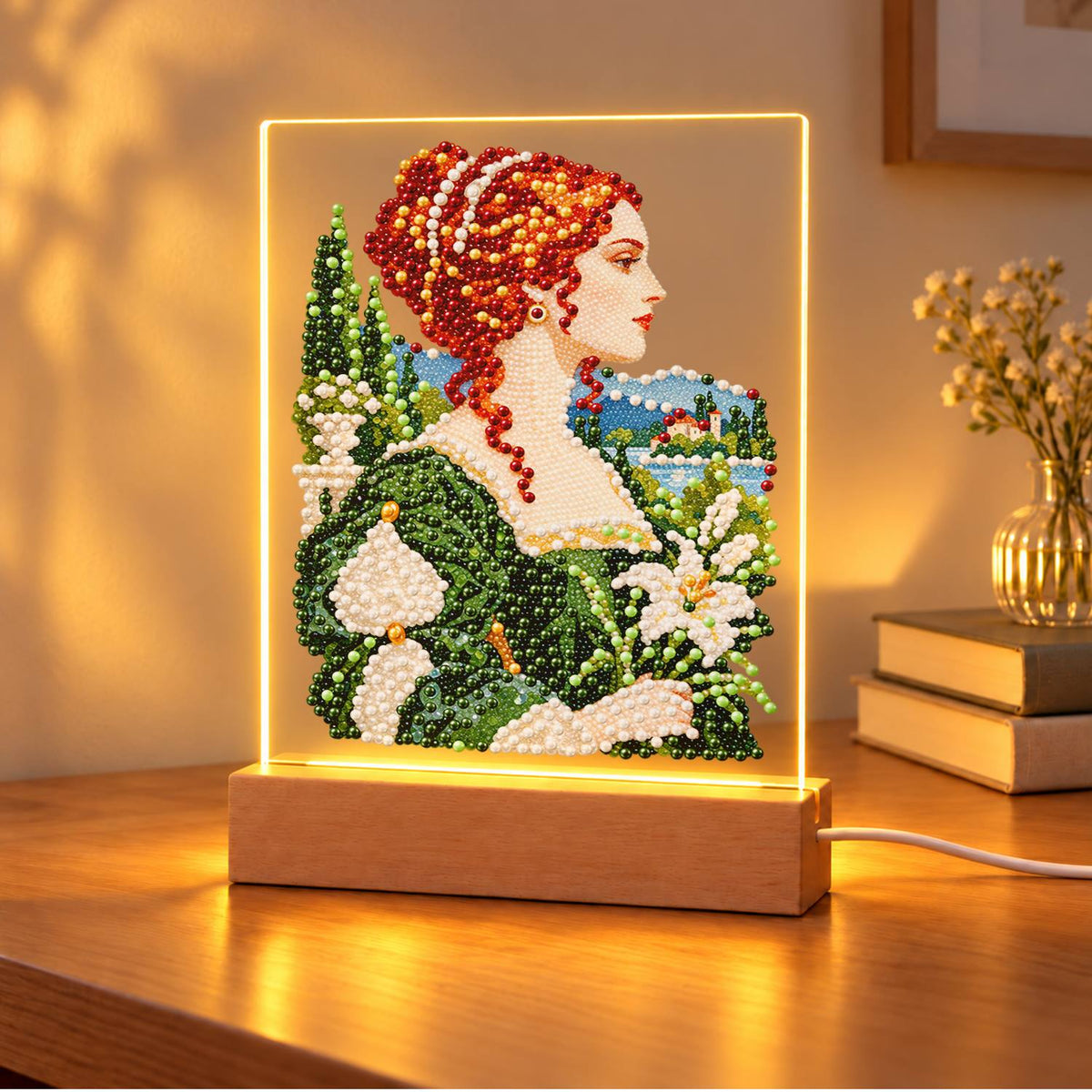 Red-Haired Lady with Calla Lilies (Light-Up Pearl Painting)