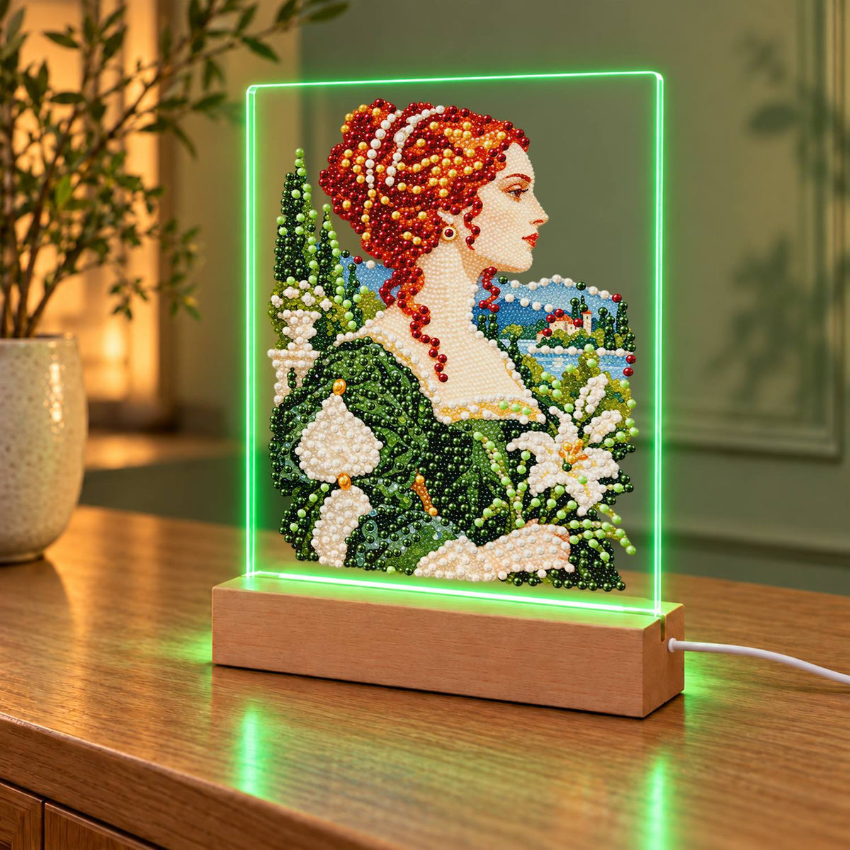 Red-Haired Lady with Calla Lilies (Light-Up Pearl Painting)
