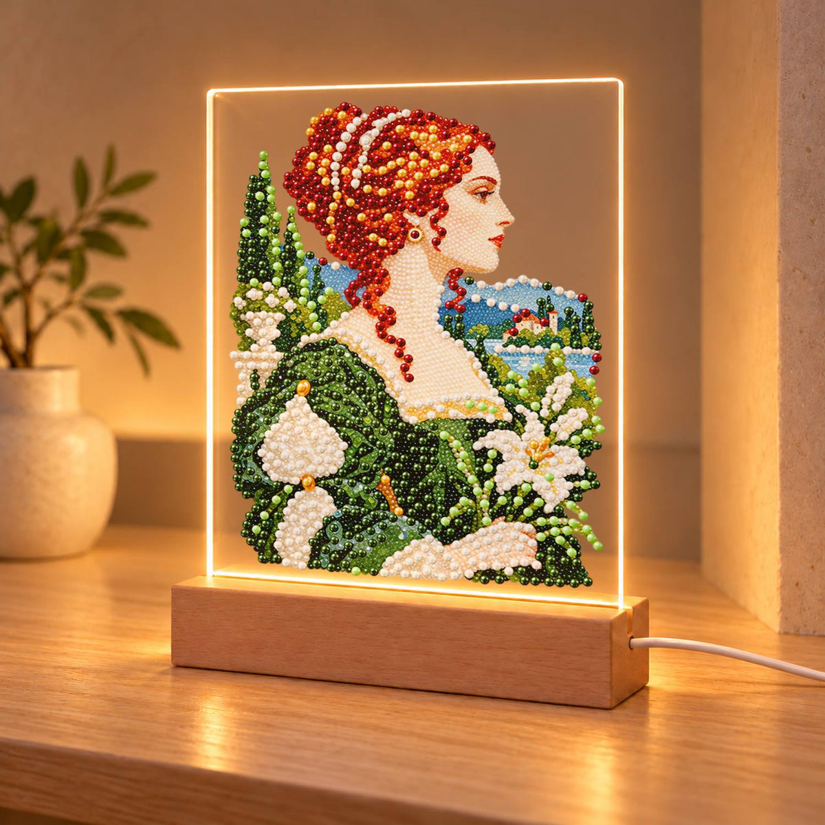 Red-Haired Lady with Calla Lilies (Light-Up Pearl Painting)