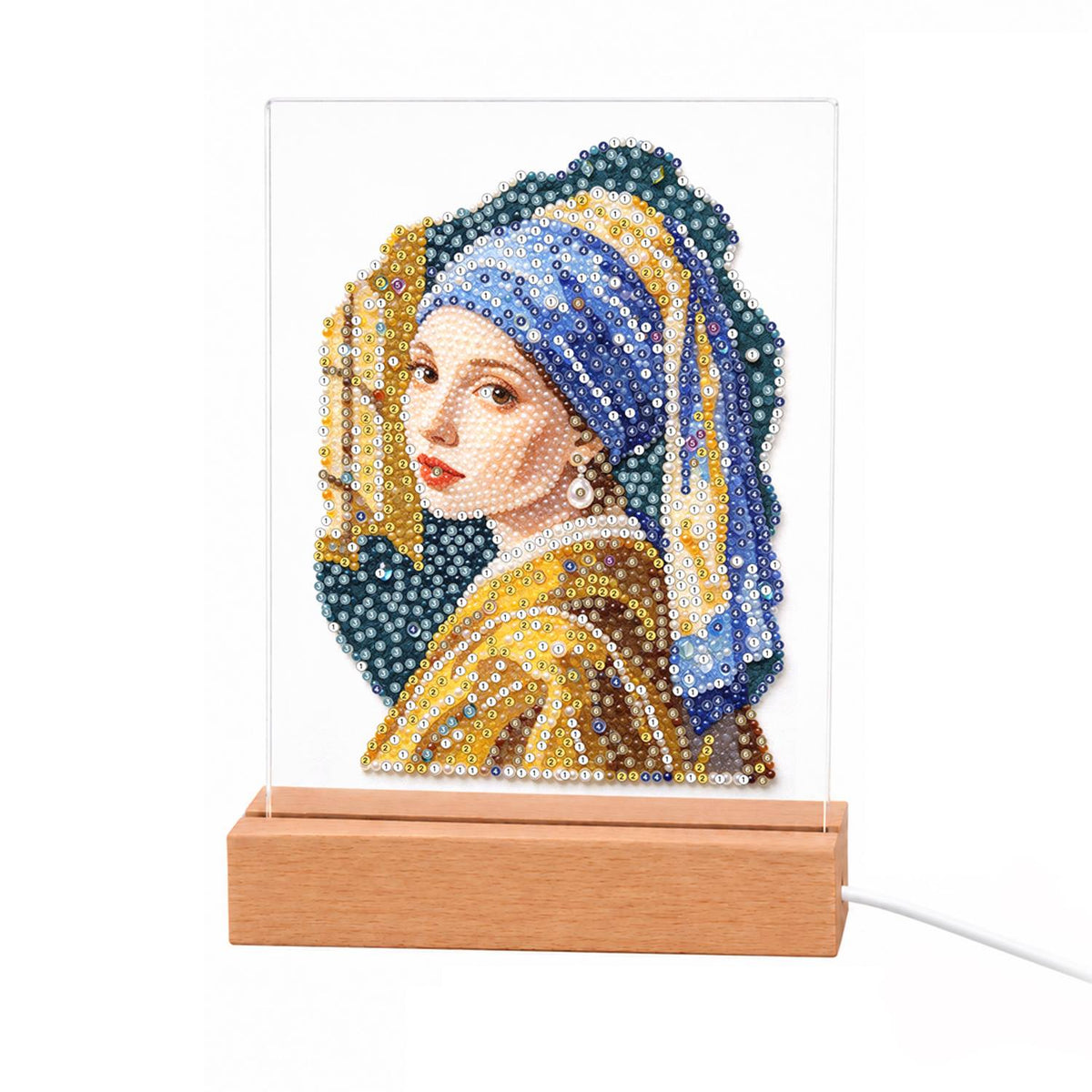 Girl in a Blue Turban light-up pearl painting – Young woman glancing over her shoulder in a blue and gold turban, golden jacket and drop earring