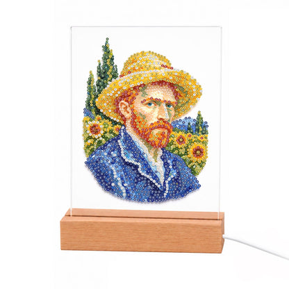Red-Bearded Painter in a Straw Hat light-up pearl painting – Red-bearded man in a straw hat and blue coat before sunflowers and a cypress, in bold brushstroke style