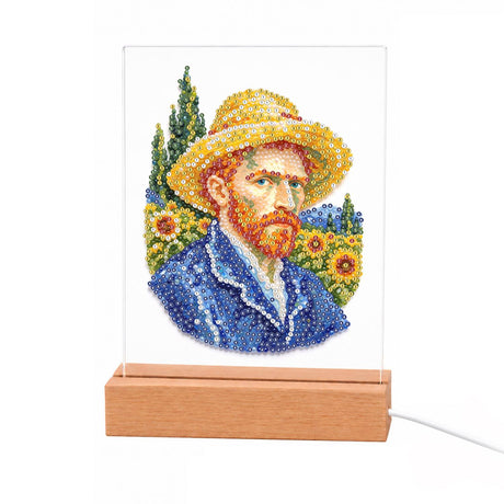 Red-Bearded Painter in a Straw Hat light-up pearl painting – Red-bearded man in a straw hat and blue coat before sunflowers and a cypress, in bold brushstroke style