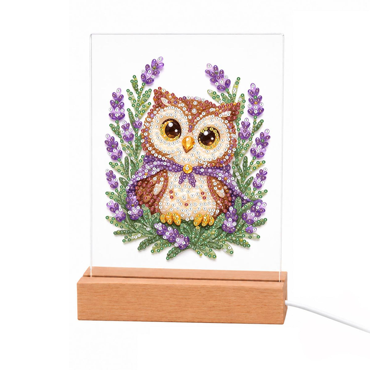 Little Owl in Lavender Fields light-up pearl painting – Big-eyed brown owl in a purple shawl surrounded by sprigs of lavender