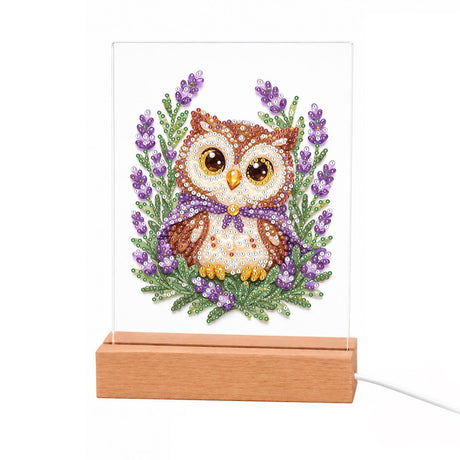 Little Owl in Lavender Fields light-up pearl painting – Big-eyed brown owl in a purple shawl surrounded by sprigs of lavender