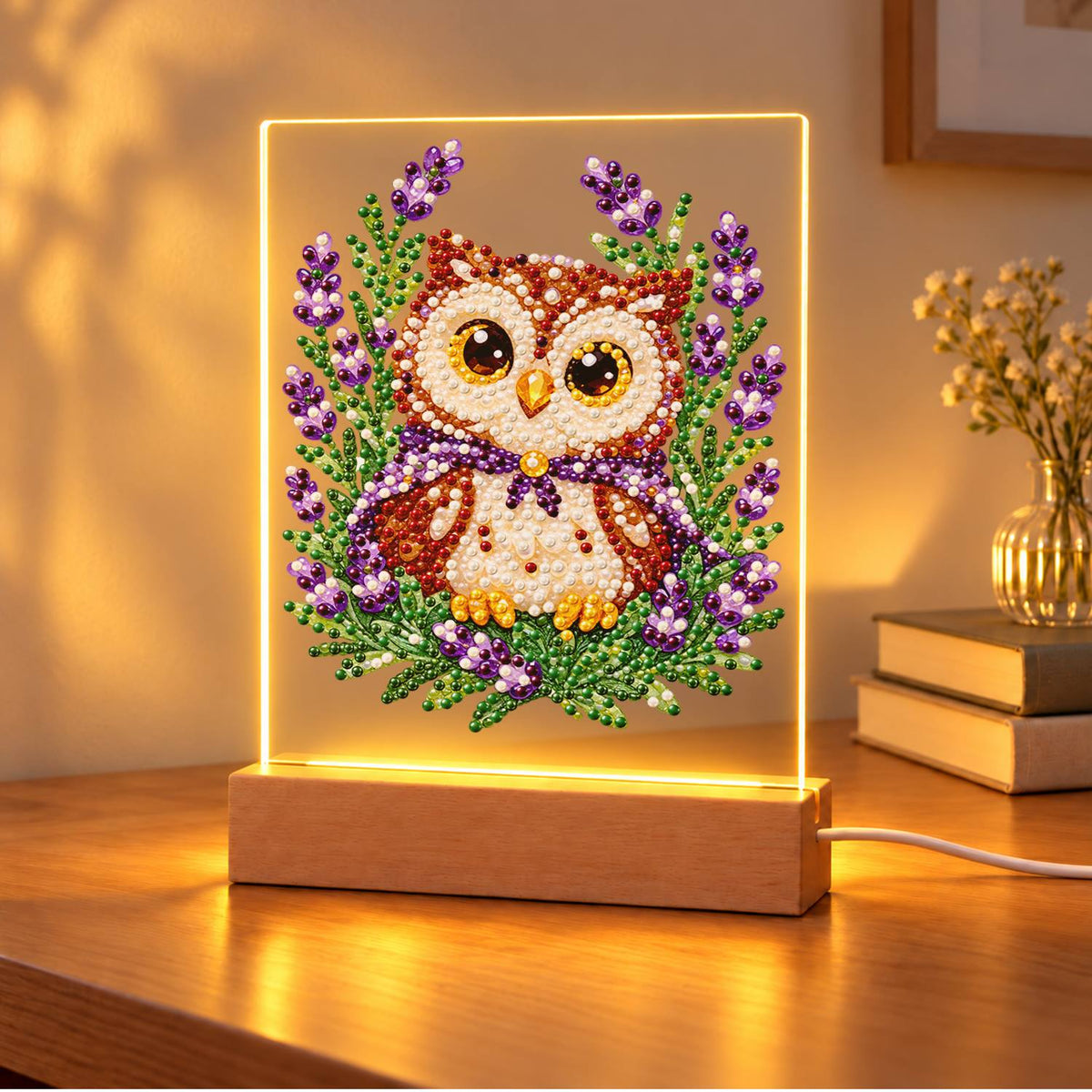 Little Owl in Lavender Fields (Light-Up Pearl Painting)
